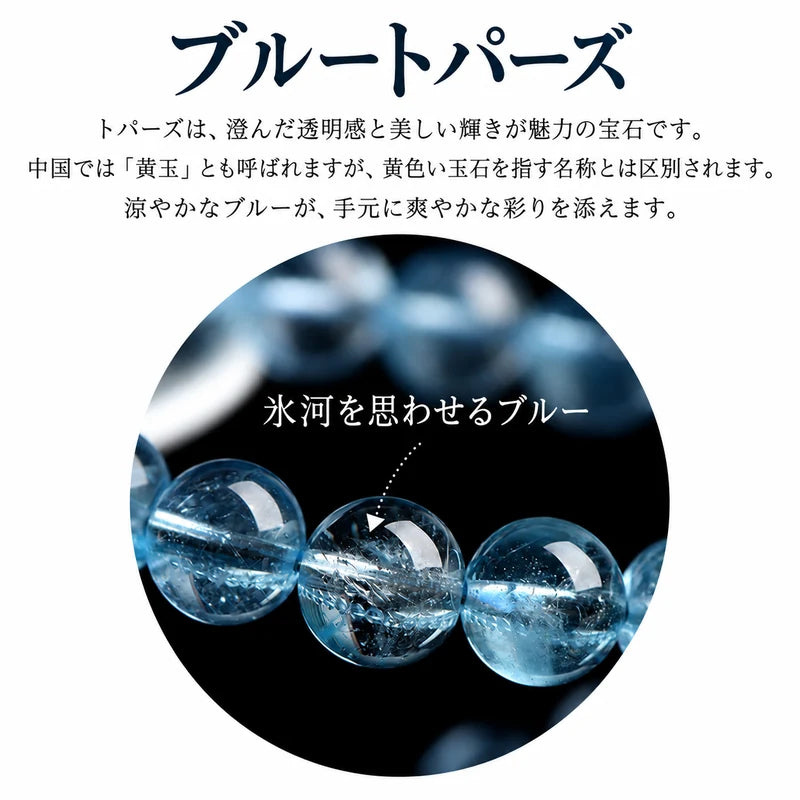 ブルートパーズの特徴と、氷河を思わせる青い丸玉の拡大写真を紹介する商品画像