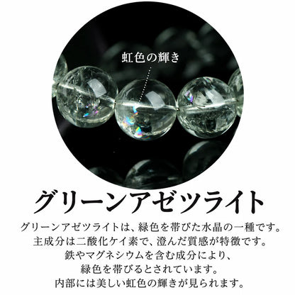 グリーンアゼツライトの珠の拡大写真と、特徴を紹介する日本語の説明