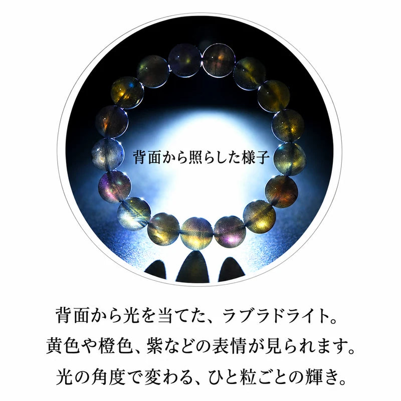 背面から光を当てたラブラドライトブレスレットの色の表情を紹介した画像