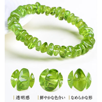 ペリドットさざれ石ブレスレットの全体と、透明感・色合い・形を紹介する拡大写真